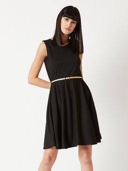 Miss Chase - Women's Black Round Neck Sleeveless Knitted Knee Length Skater Dress