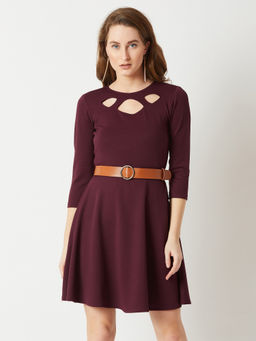 Miss Chase - Wine Red Belted Cut-Out Dress