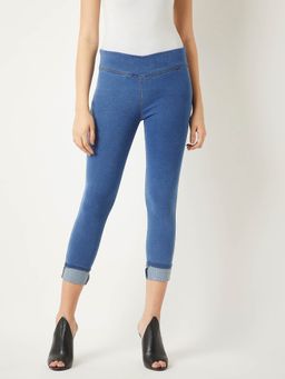 Miss Chase - Women's Blue Skinny High Rise Embellished Cropped Denim Jeggings