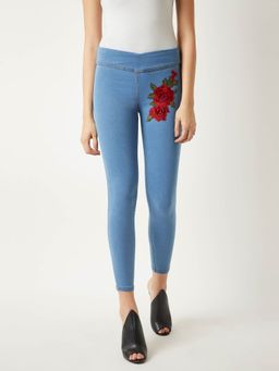 Miss Chase - Women's Blue Skinny Fit High Rise Embroidered Stretchable Denim Jeggings