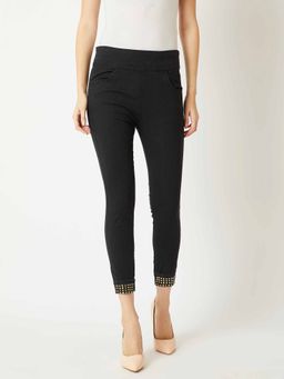 Miss Chase - Women's Black Skinny High Rise Embellished Denim Stretchable Jeggings