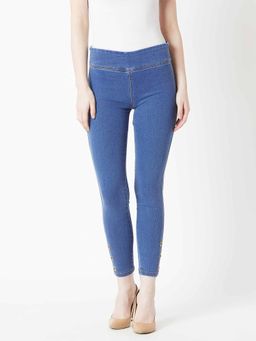 Miss Chase - Women's Blue Super Skinny Fit High Rise Eyelet Denim Stretchable Jeggings