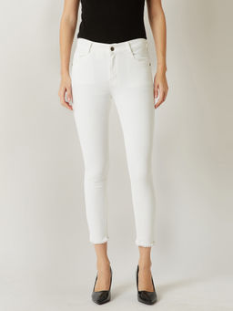 Miss Chase - Women's White Skinny Mid Rise Cropped Light Weight Stretchable Denim Jeans