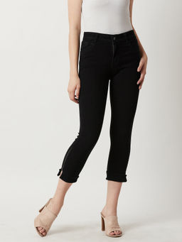 Miss Chase - Women's Black Skinny Mid Rise Clean Look Cropped Stretchable Denim Jeans