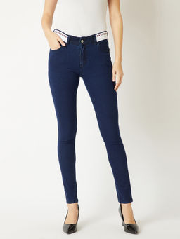 Miss Chase - Women's Navy Blue Skinny Fit Mid Rise Twill Tape Denim Stretchable Jeans