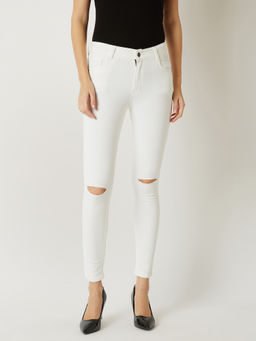 Miss Chase - Women's White Skinny Mid Rise Regular Length Knee-Slit Stretchable Denim Jeans