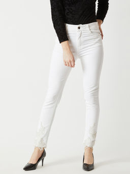 Miss Chase - Women's White Skinny High Rise Bleached Laced Stretchable Denim Jeans