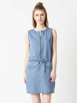 Miss Chase - Women's Light Blue Sleeveless Light Weight Denim Mini Shift Dress