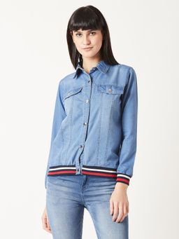 Miss Chase - Women's Blue Polo Neck Buttoned Rib Light Weight Denim Jacket