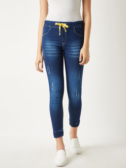 Miss Chase - Women's Navy Blue Relaxed Fit Mid Rise Scraping Ankle Length Denim Joggers