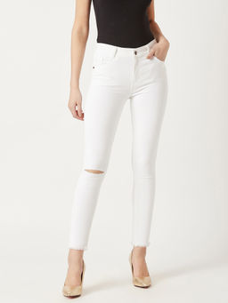 Miss Chase - Women's White Skinny Mid Rise Cropped Knee Slit Stretchable Denim Jeans