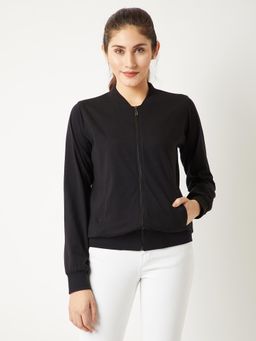 Miss Chase - Women's Black Round Neck Full Sleeve Cotton Solid Bomber Jacket