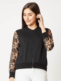 Miss Chase - Women's Black Round Neck Full Sleeve Laced Embroidered Bomber Jacket