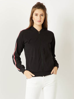 Miss Chase - Women's Black Round Neck Zippered Twill Tape Detailing Bomber Jacket