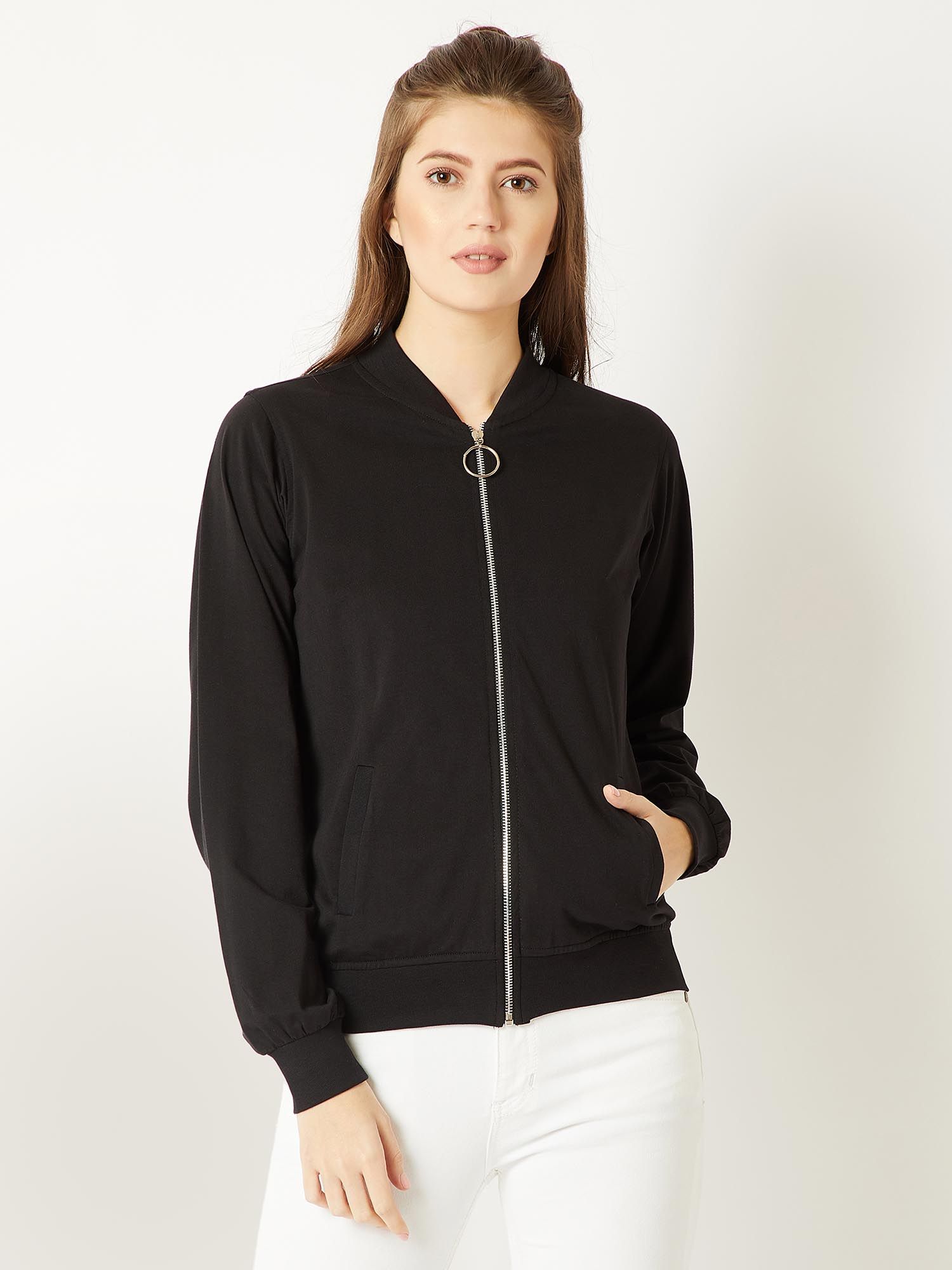 miss chase Women's Black Cotton Ring Puller Detailing Zippered Bomber Jacket-picture-11