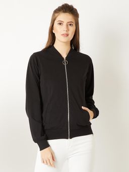 Miss Chase - Women's Black Cotton Ring Puller Detailing Zippered Bomber Jacket