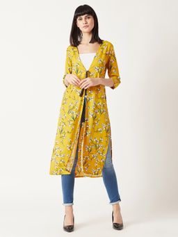 Miss Chase - Women's Multicolored With A Yellow Base Floral Longline Tie-Up Midi Jacket