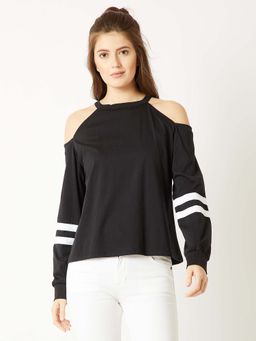 Miss Chase - Black Cold Shoulder Hoodies and Sweatshirt