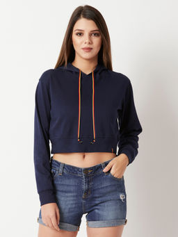 Miss Chase - Navy Blue Twill Tape Detailing Boxy Crop Sweatshirt