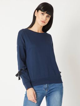 Miss Chase - Women's Navy Blue Cotton Eyelet Tie-Up Drop Shoulder Boxy Sweatshirt