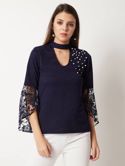 Miss Chase - Women's Navy Blue Round Neck Lace Choker Style Cut-Out Pearl Top