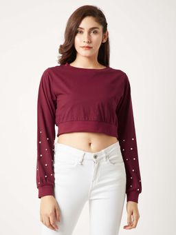Miss Chase - Women's Maroon Round Neck Full Sleeve Cotton Pearl Solid Boxy Crop Top