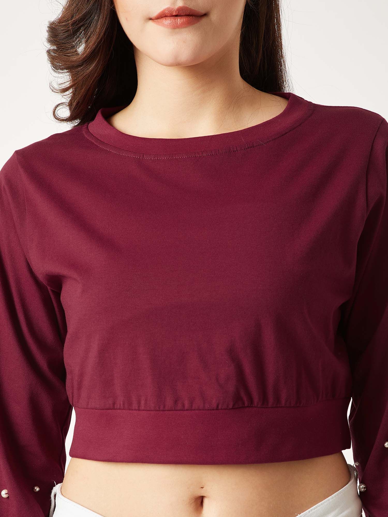 Buy Miss Chase Women's Maroon Round Neck Full Sleeve Cotton Pearl