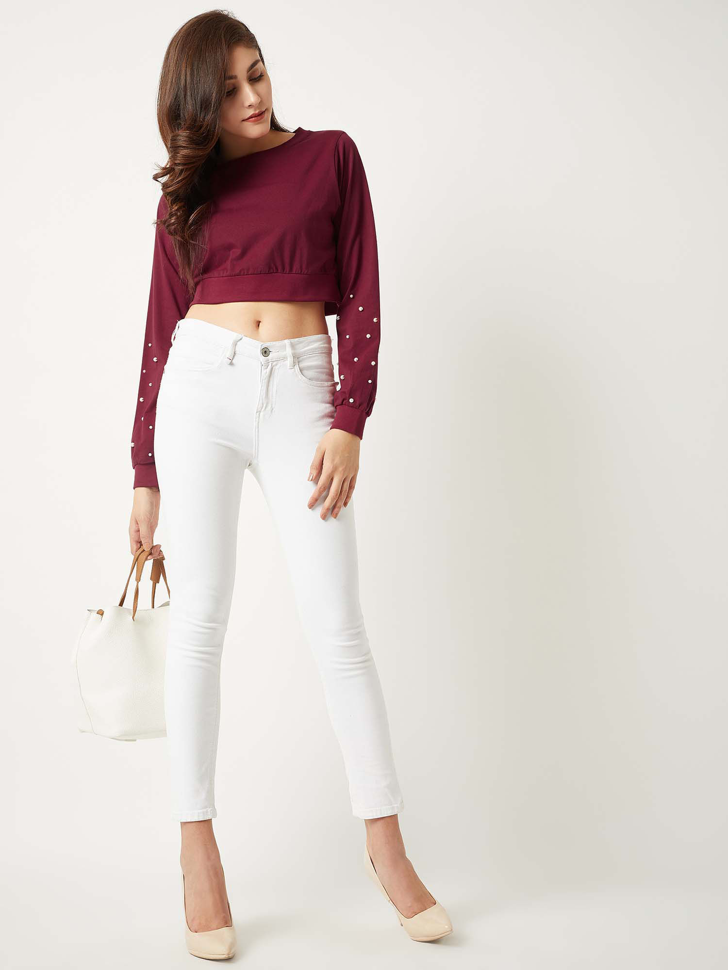 Buy Miss Chase Women's Maroon Round Neck Full Sleeve Cotton Pearl
