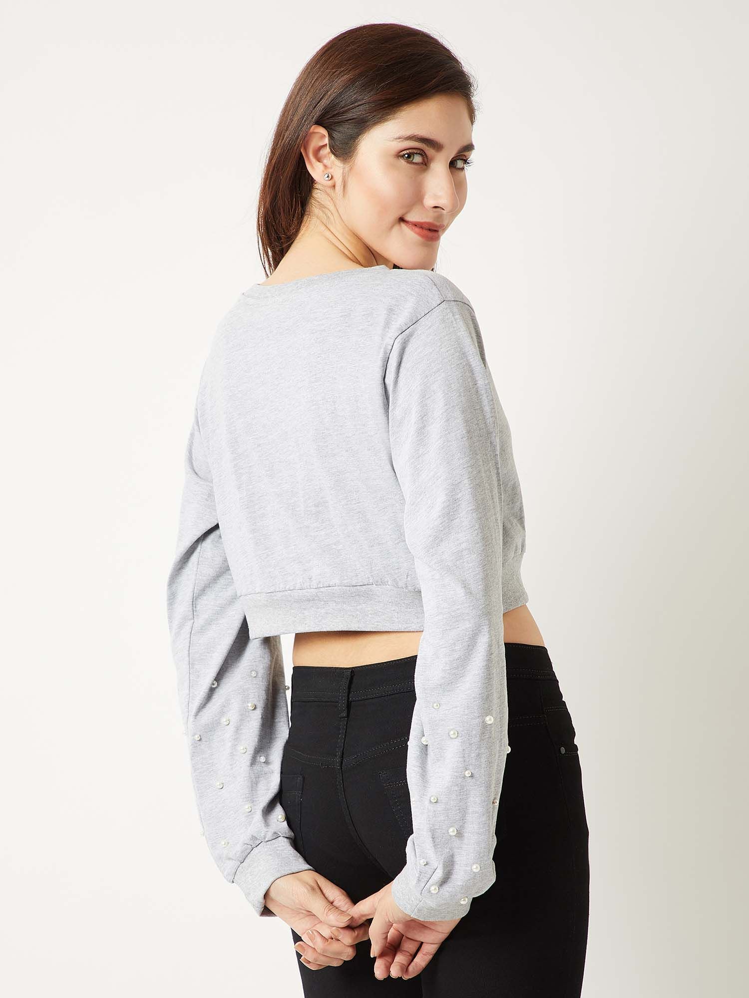 Buy Miss Chase Women's Grey Round Neck Full Sleeve Cotton Pearl