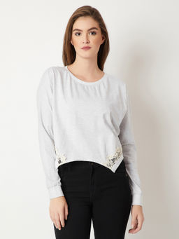 Miss Chase - Women's Grey Round Neck Full Sleeve Cotton Solid Embroidered Laced Top