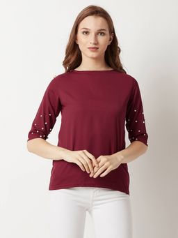 Miss Chase - Women's Maroon Pearl Half- Sleeve Round Neck Solid Top