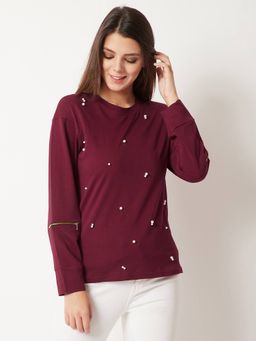 Miss Chase - Women's Maroon Round Neck Full Sleeves Cotton Solid Pearl And Zipper Top