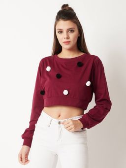 Miss Chase - Women's Maroon Round Neck Full Sleeve Cotton Pompom Boxy Crop Top