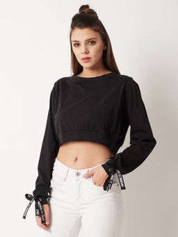 Miss Chase - Women's Black Cotton Twill Tape And Eyelet Tie-Up Oversized Crop Top