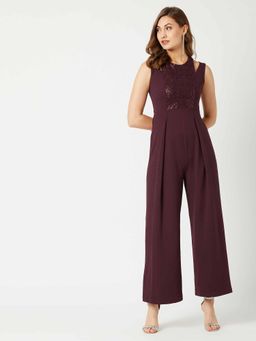 Miss Chase - Women's Wine Color Halter Neck Sleeveless Pleated/Wide Leg Sequin Jumpsuit
