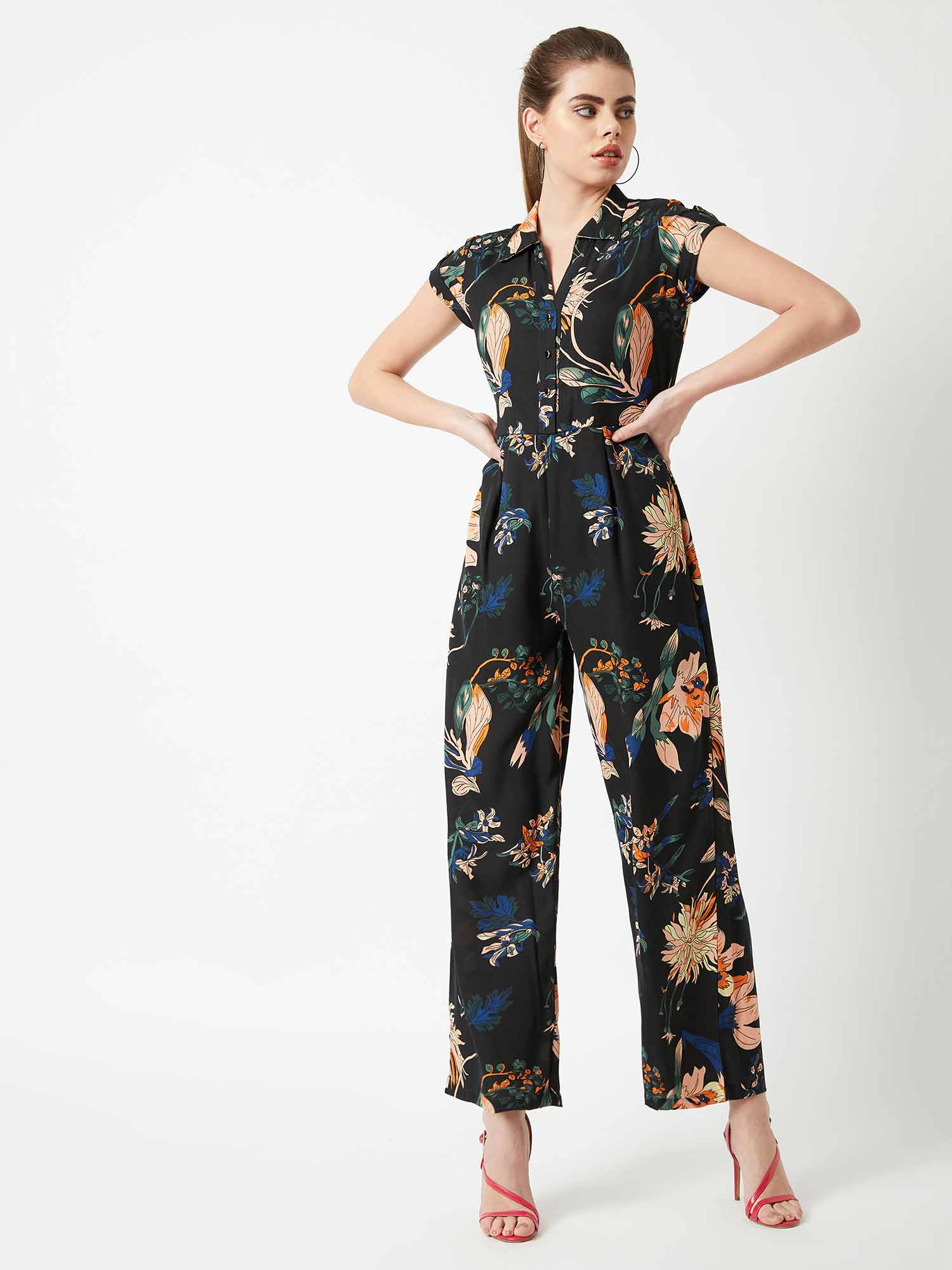 Buy Miss Chase Black Floral Jumpsuit 