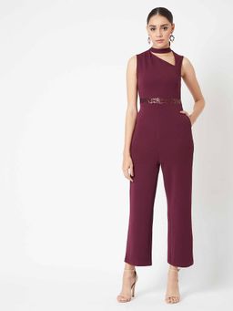 Miss Chase - Women's Wine Collared Sleeveless Asymmetric Neck Cut-Out Party Jumpsuit