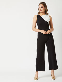 Miss Chase - Women's Off-White & Black Asymmetric Sleeveless Polyknit Solid Color-Block Jumpsuit