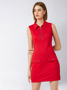 Miss Chase - Women's Red Round Neck Sleeveless Solid Front Pocketed Mini Shift Dress