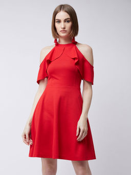 Miss Chase - Women Red Halter Neck Sleeveless Solid Skater MIni Ruffled Dress