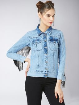 Miss Chase - Women's Light Blue Collared Full Sleeves Solid Fringed Denim Jacket