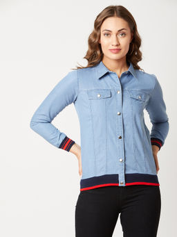 Miss Chase - Women's Light Blue Polo Neck Full Sleeve Solid Bomber Denim Jacket