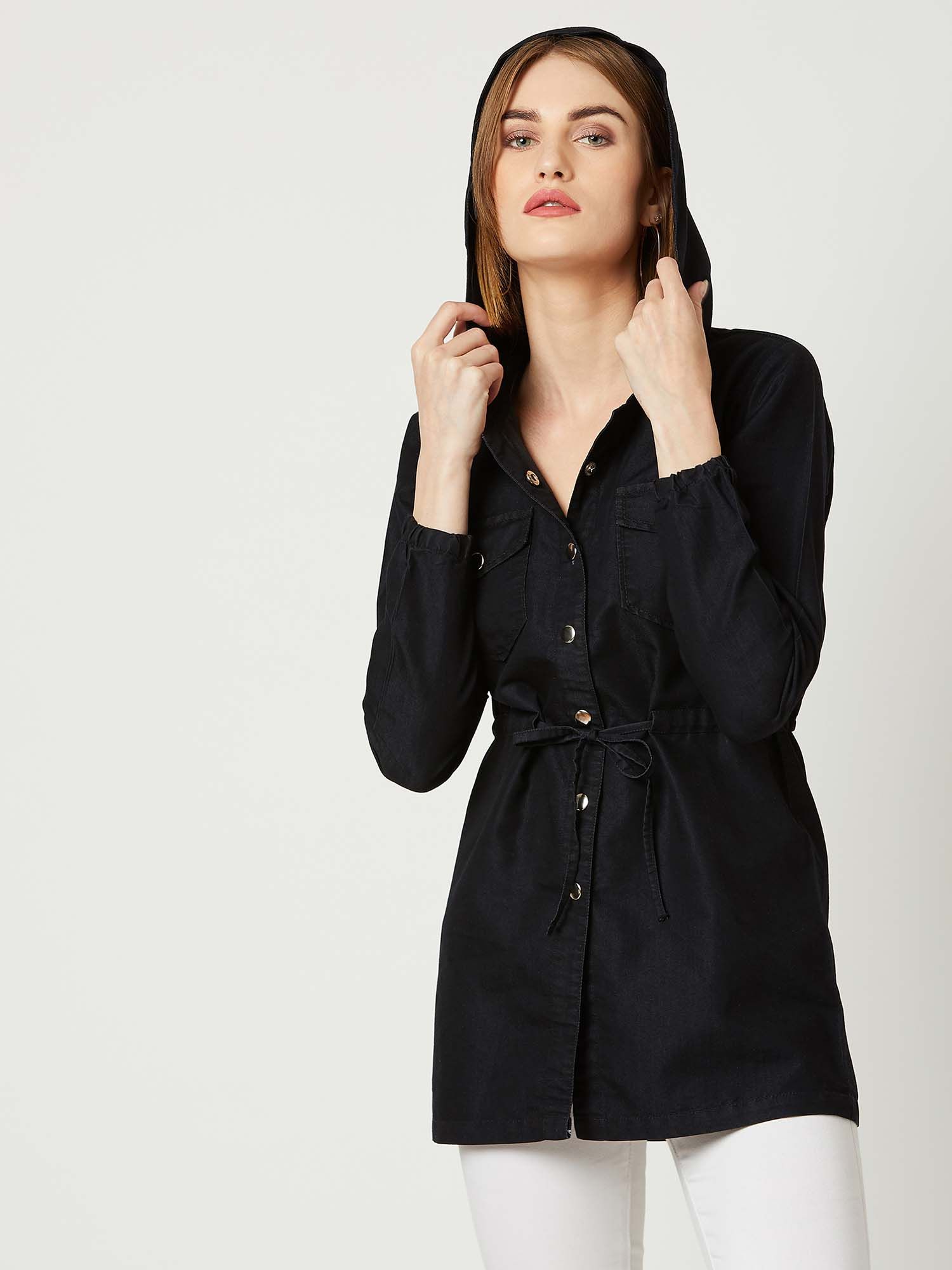 miss chase Women's Black Round Neck hoody with tie-up Long Light Weight Denim Jacket-picture-31