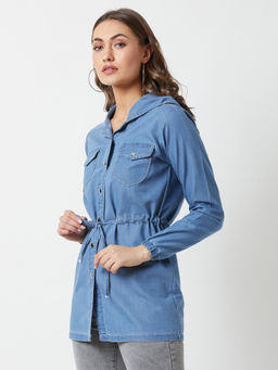 Miss Chase - Women's Light Blue Round Neck Full Sleeve hoody Light Weight Denim Jacket