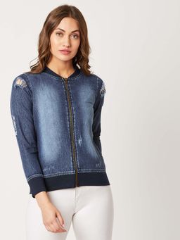 Miss Chase - Women's Navy Blue V-Neck Full Sleeve Ripped Denim Jacket
