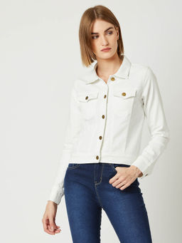 Miss Chase - Women's White Polo Neck Full Sleeves Denim Solid Jacket