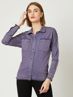Miss Chase - Women's Lilac Polo Neck Full Sleeves Denim Bomber Regular Length Jacket