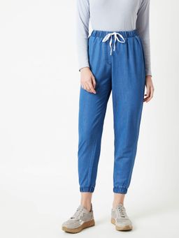 Miss Chase - Women's Blue Mid Rise Non-Stretchable Light Weight Denim Joggers