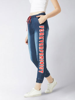 Miss Chase - Women's Navy Blue Regular Fit Mid Rise Regular Length Stretchable Denim Jogger