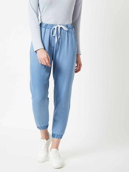 Miss Chase - Women's L Blue Mid Rise Regular Fit Light Weight Denim Joggers